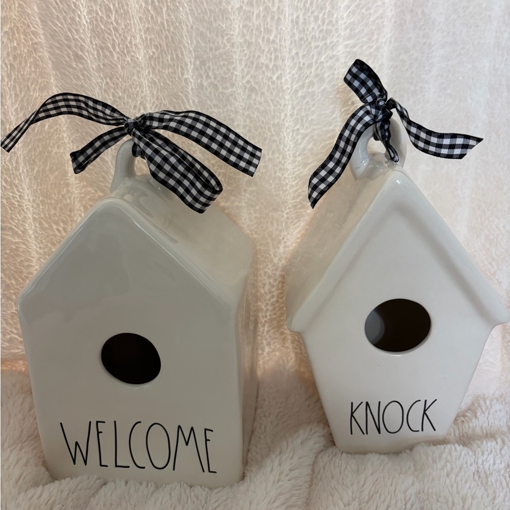 RAE DUNN White Ceramic Birdhouses with Black Text